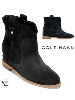 Cole Haan Rayna Black Suede Wedge Bootie Almond Toe Leather Boho Ankle Boots 7.5